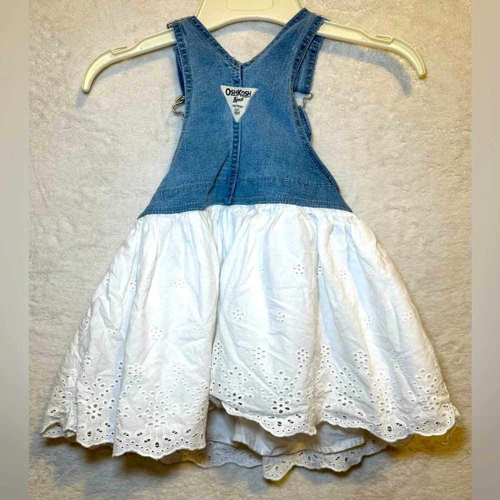 OshKosh B’Gosh girl blue Jean denim overalls top white eyelet full skirt cute 4T